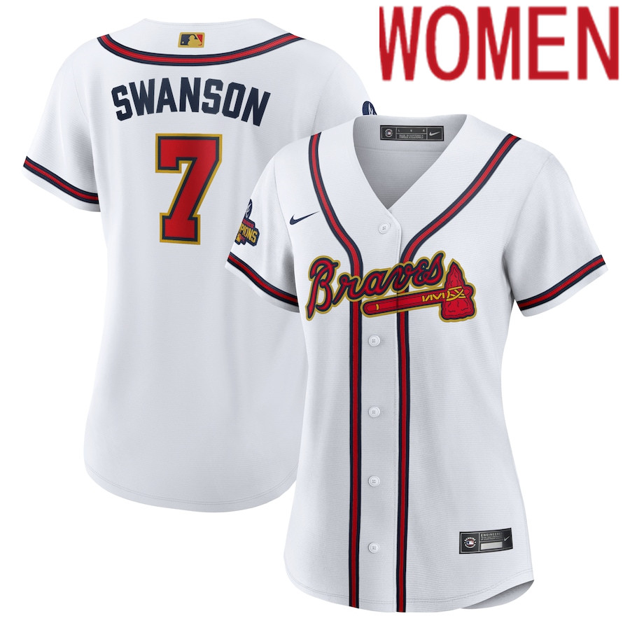 Custom Women Atlanta Braves 7 Dansby Swanson Nike White 2022 Gold Program Replica Player MLB Jersey